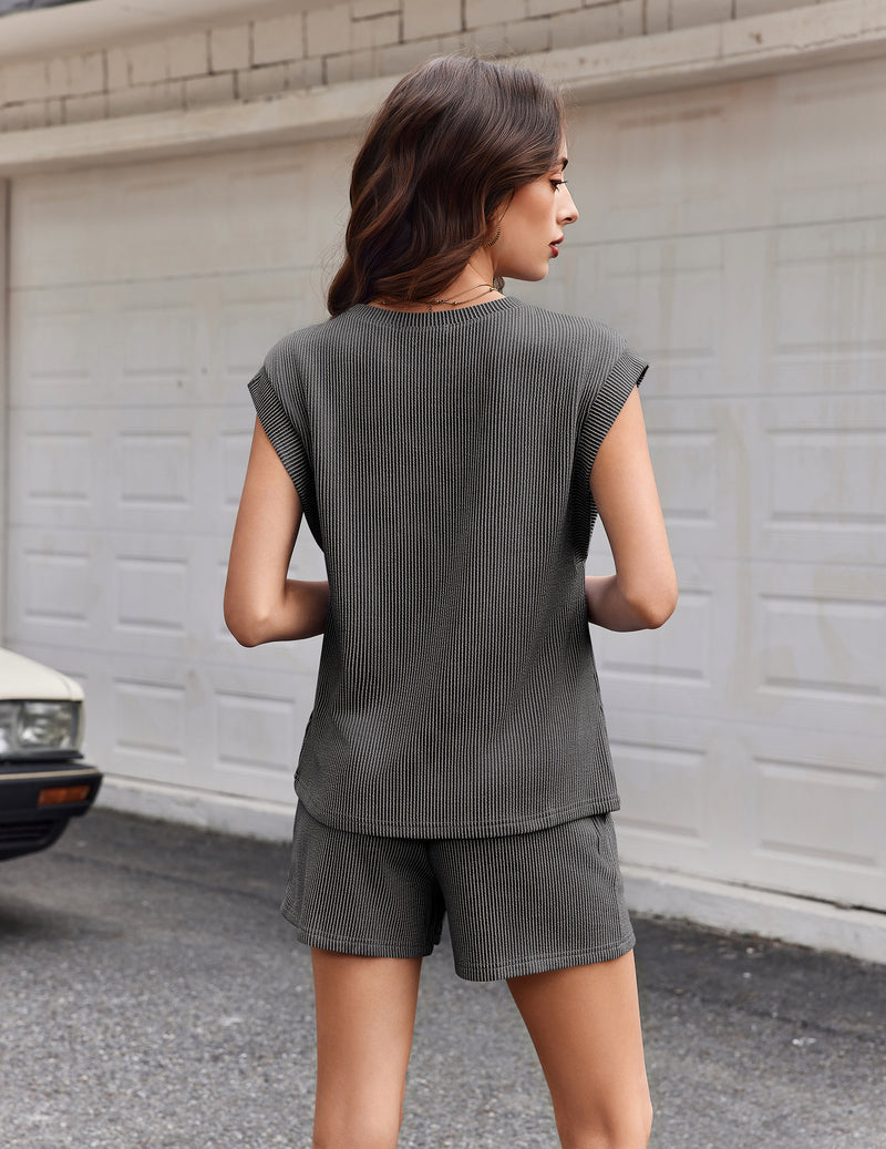 2 Piece Lounge Set Cap Sleeve Top & Shorts with Pockets
