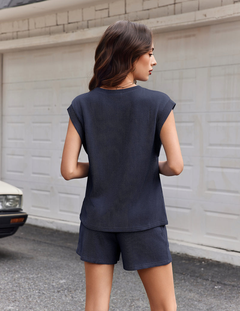 2 Piece Lounge Set Cap Sleeve Top & Shorts with Pockets