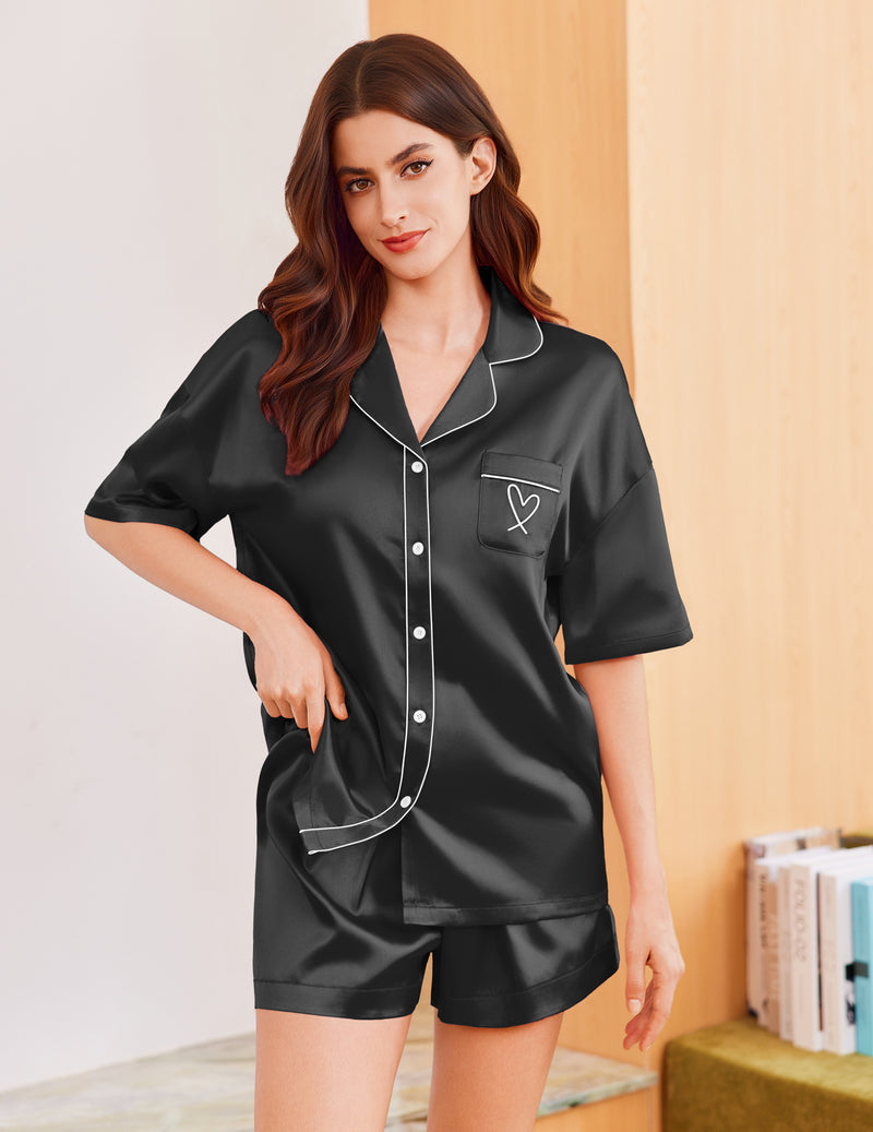 Silk Satin 2 Piece Heart Embroidery Pajama Set