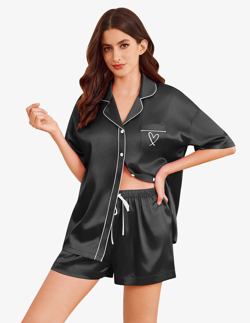 Silk Satin 2 Piece Heart Embroidery Pajama Set