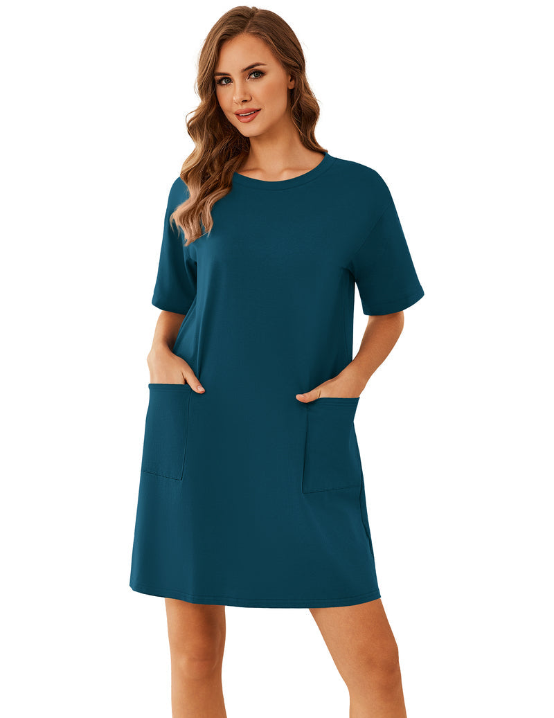 Cotton Nightgown Short Sleeve Sleep Shirt with Pocket