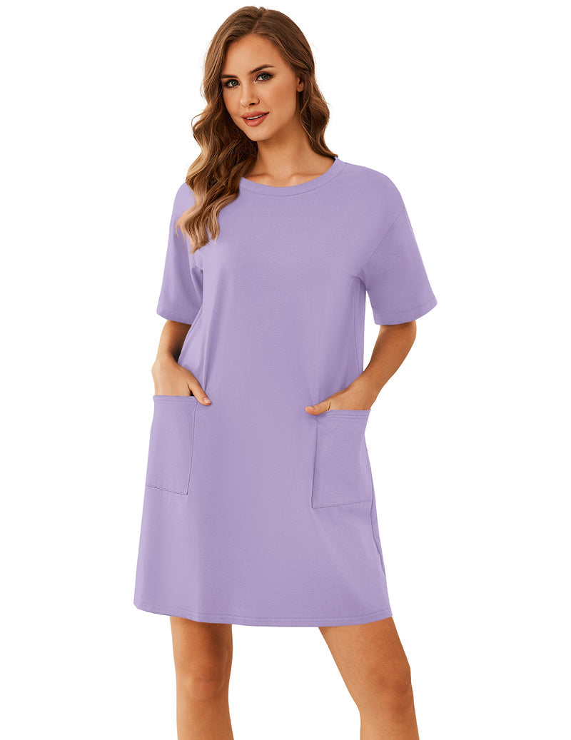 Cotton Nightgown Short Sleeve Sleep Shirt with Pocket