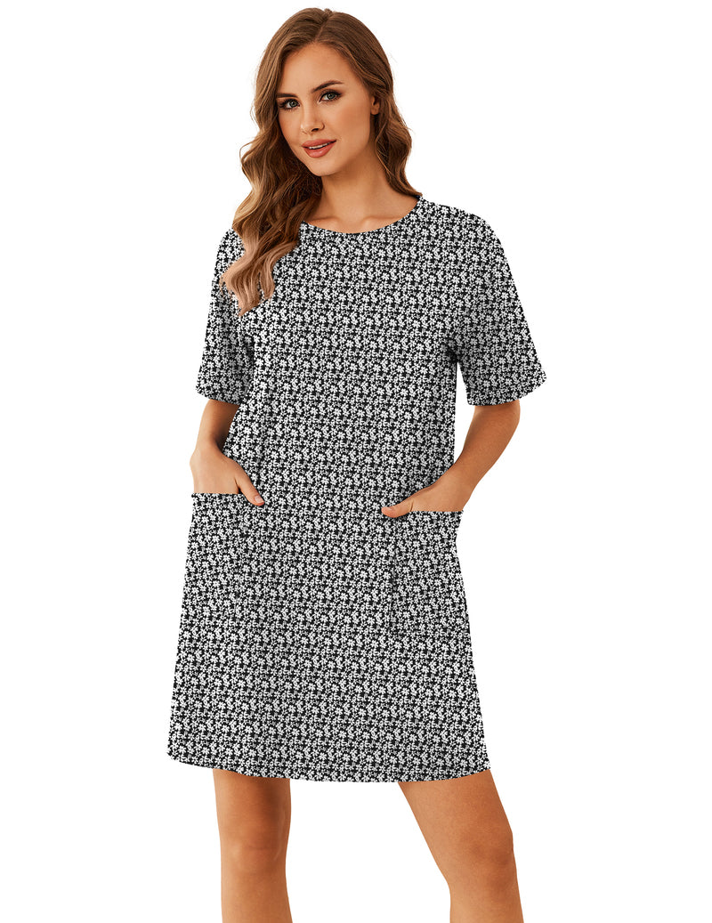 Cotton Nightgown Short Sleeve Sleep Shirt with Pocket