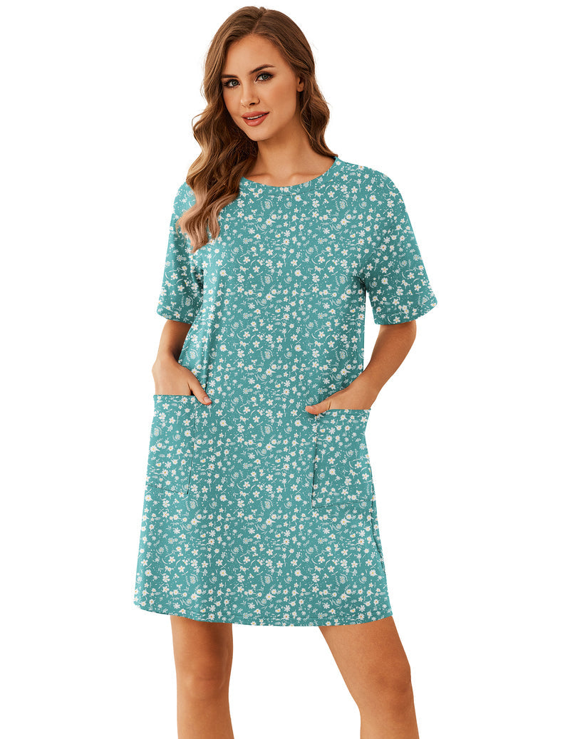 Cotton Nightgown Short Sleeve Sleep Shirt with Pocket