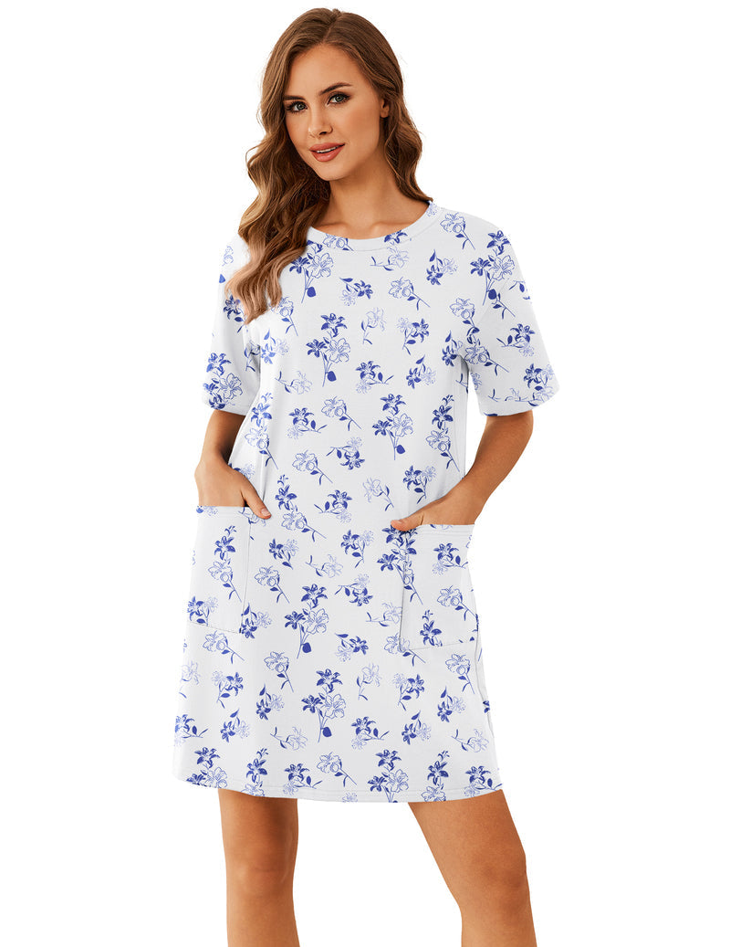 Cotton Nightgown Short Sleeve Sleep Shirt with Pocket