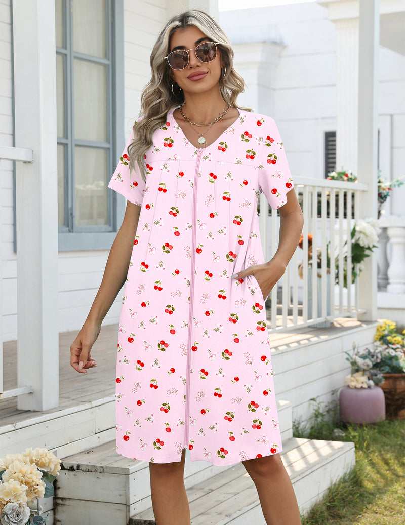 Zipper Knit Lightweight Knee Length Nightgown with Pockets