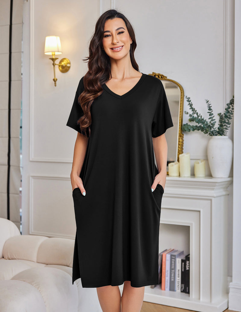 Plus Size Nightgown Bamboo Viscose Sleep Dress with Pockets