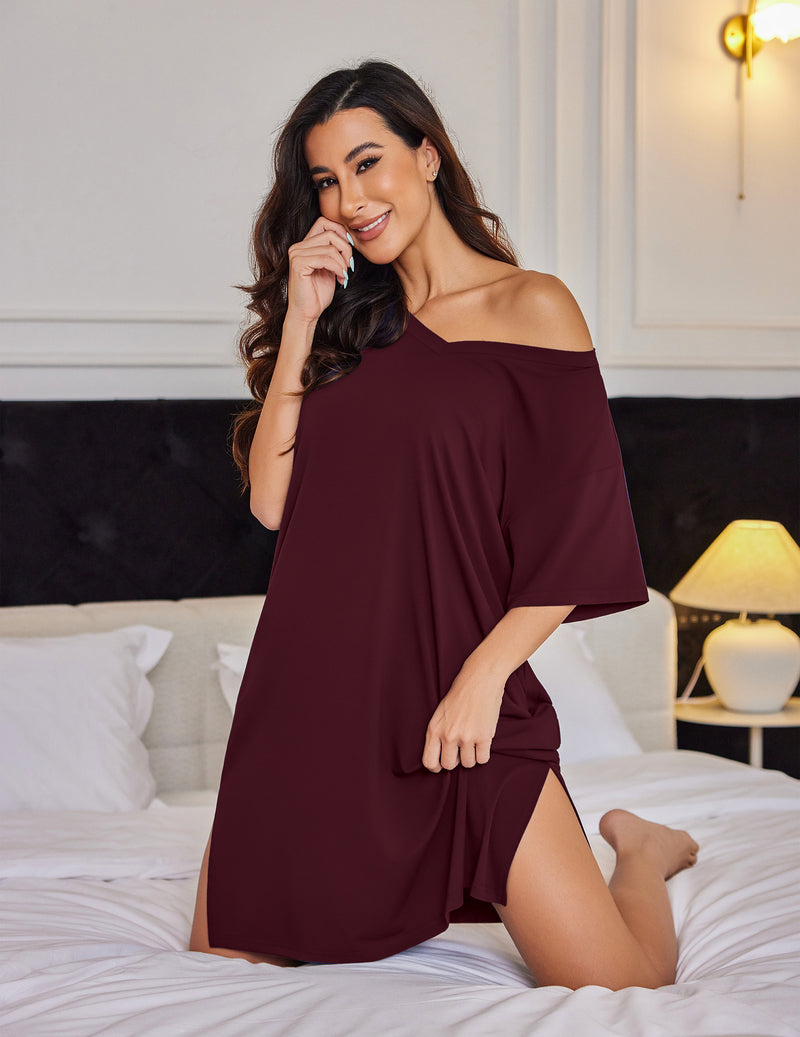 Plus Size Nightgown Bamboo Viscose Sleep Dress with Pockets