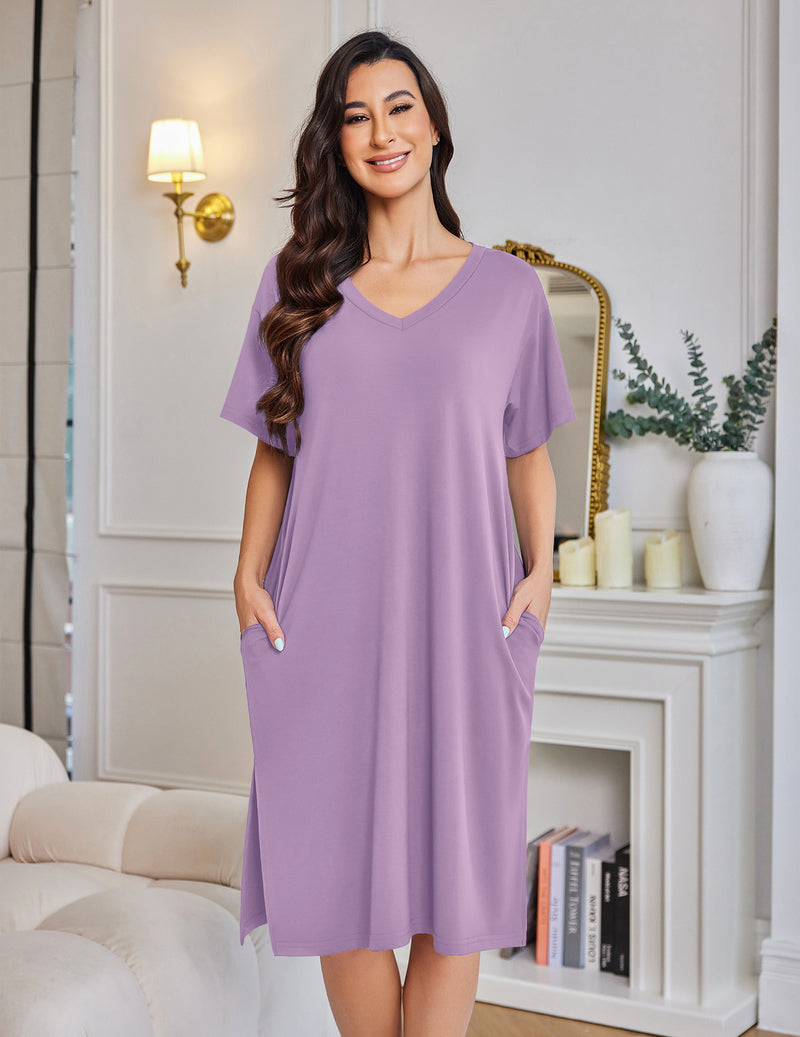 Plus Size Nightgown Bamboo Viscose Sleep Dress with Pockets