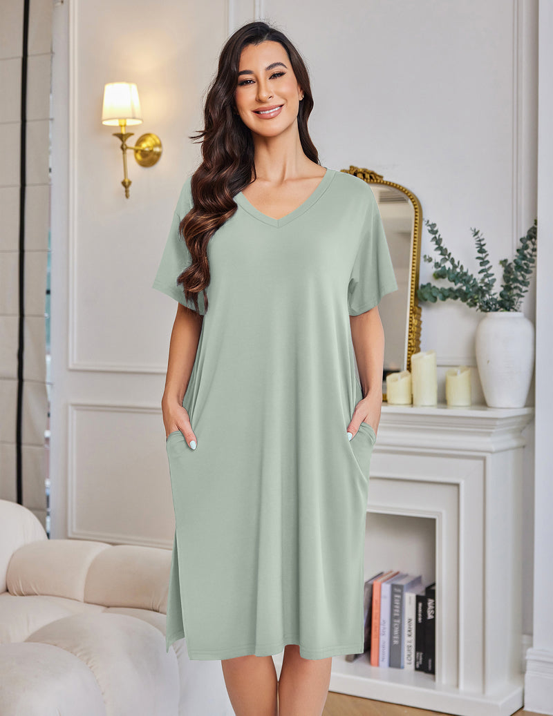 Plus Size Nightgown Bamboo Viscose Sleep Dress with Pockets