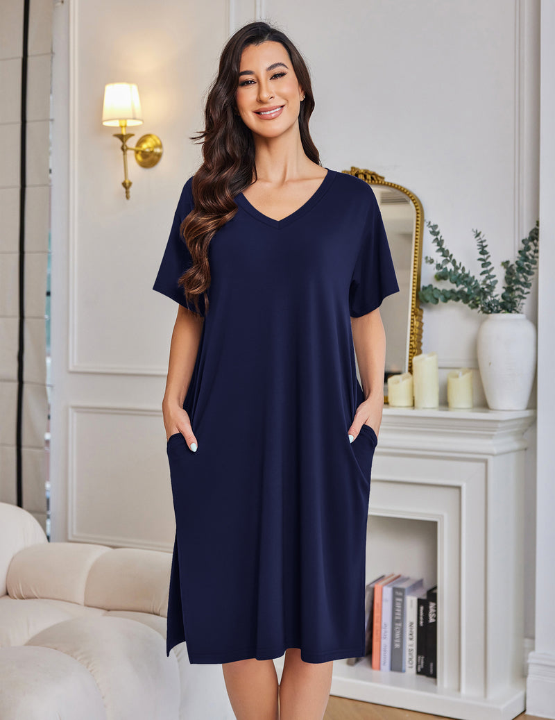 Plus Size Nightgown Bamboo Viscose Sleep Dress with Pockets