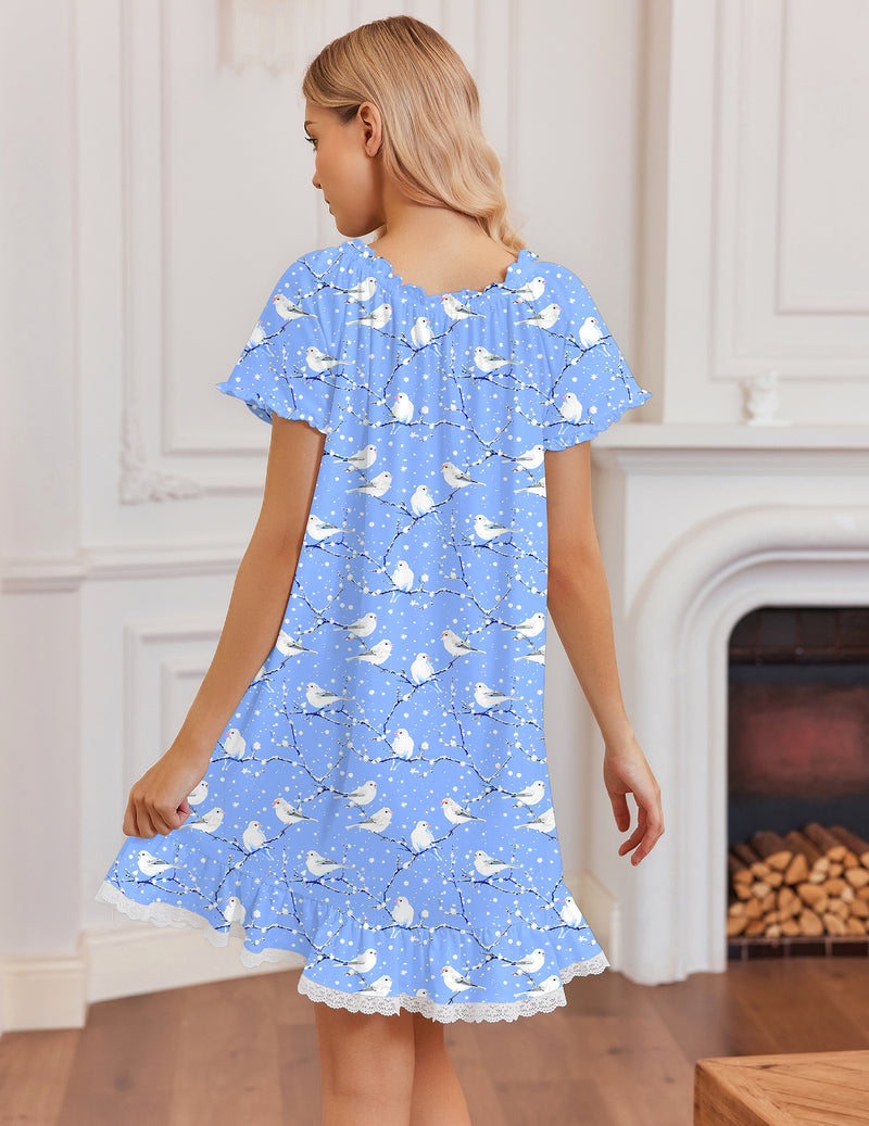 Cotton Nightgown ¨C Victorian Short Sleeve Sleep Dress with Lace Trim