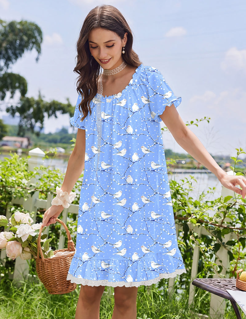 Cotton Nightgown ¨C Victorian Short Sleeve Sleep Dress with Lace Trim