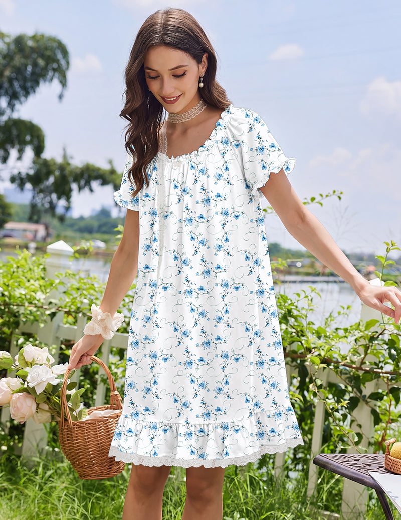 Cotton Nightgown ¨C Victorian Short Sleeve Sleep Dress with Lace Trim