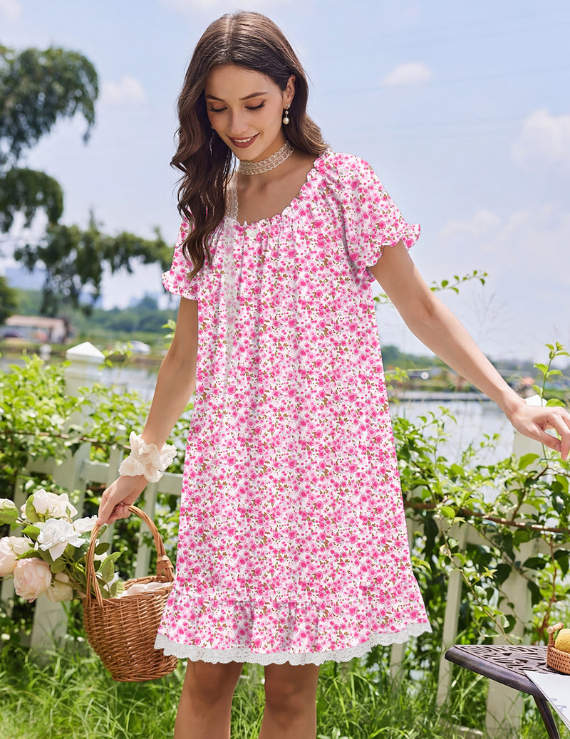 Cotton Nightgown ¨C Victorian Short Sleeve Sleep Dress with Lace Trim