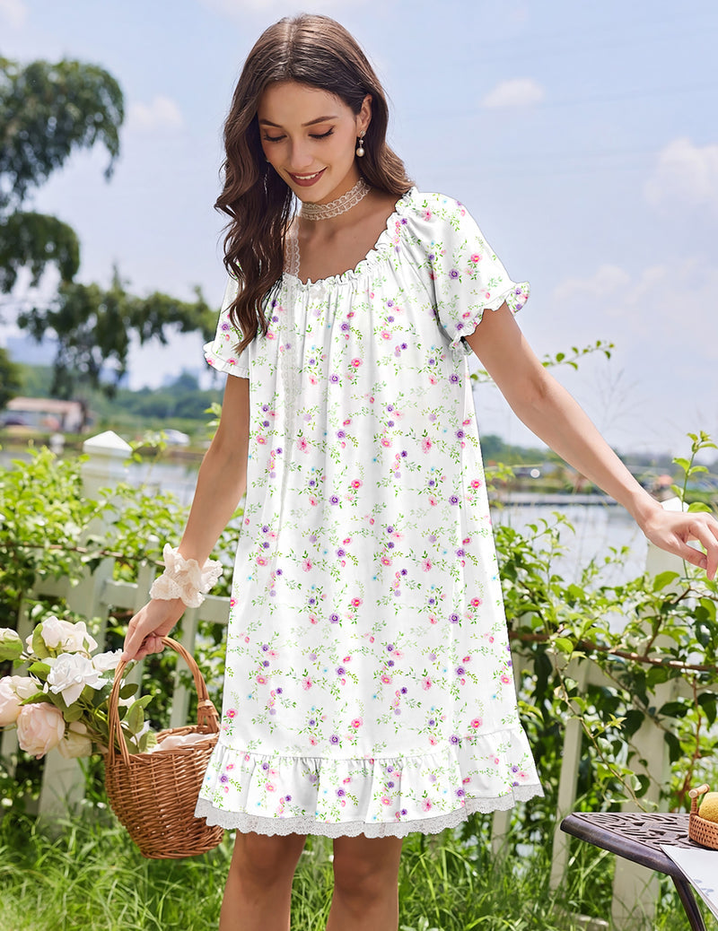 Cotton Nightgown ¨C Victorian Short Sleeve Sleep Dress with Lace Trim