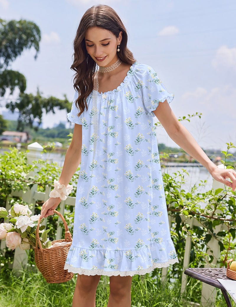 Cotton Nightgown ¨C Victorian Short Sleeve Sleep Dress with Lace Trim