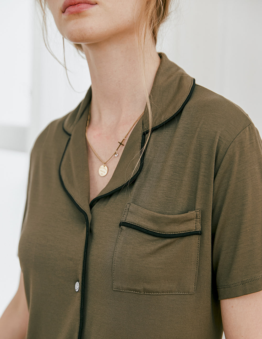 Contrast Piping Pocket Patched Pajama Set (US Only)