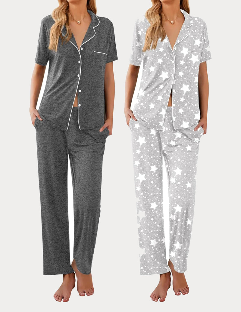 2 Pack Pajamas Button Up Loungewear Cozy Sets