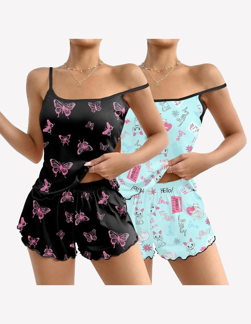 2 Pack Cami Pajama Sets Cute Print Tank Top Pjs and Shorts