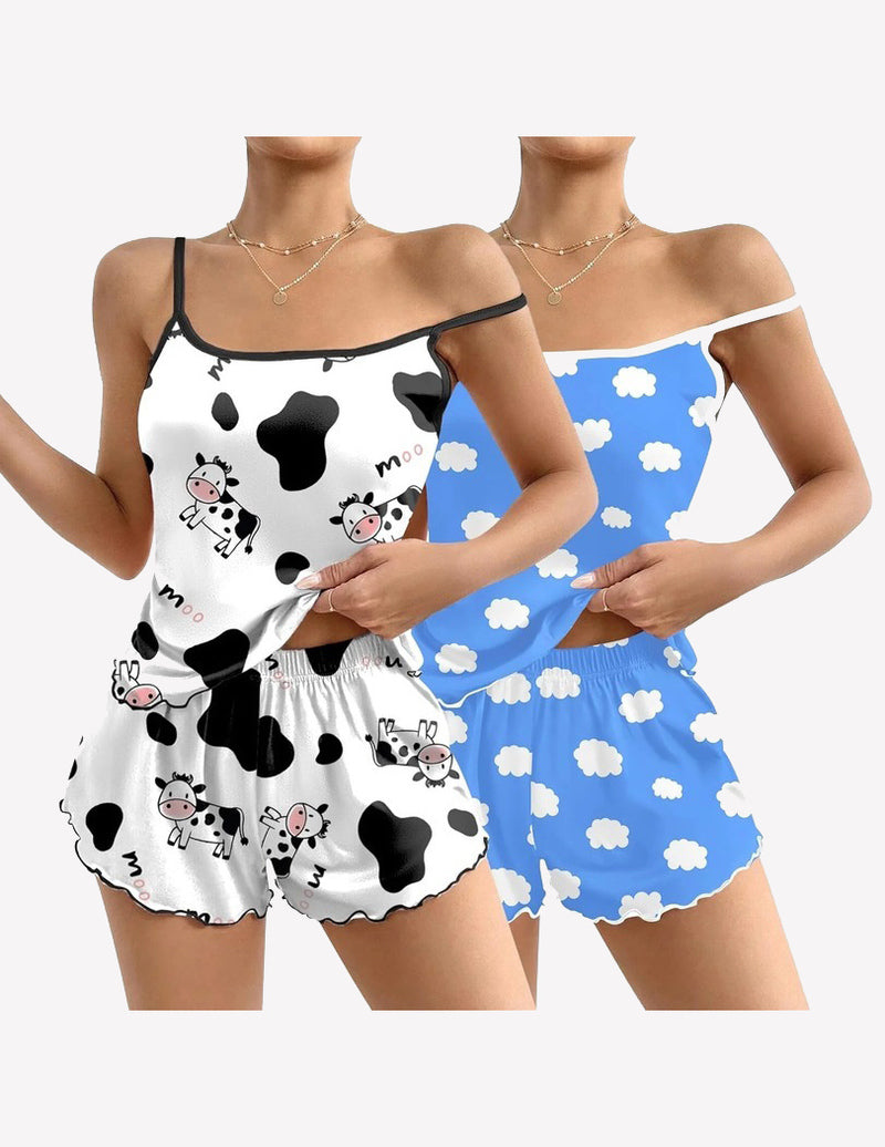 2 Pack Cami Pajama Sets Cute Print Tank Top Pjs and Shorts