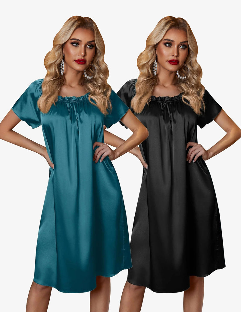 2 Pack Silk Nightgown Pleated Loose Night Shirts Dress