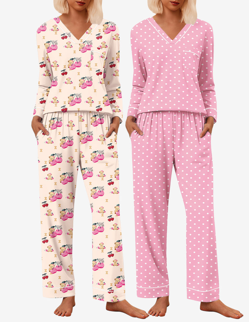2 Pack Pajama Set Long Sleeve V Neck Pjs Sets