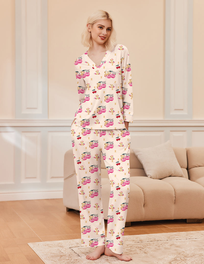 2 Pack Pajama Set Long Sleeve V Neck Pjs Sets