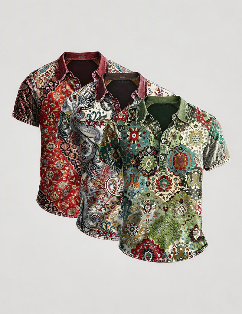 Men's Vintage Ethnic Printed Polo Shirt â€?Short Sleeve Retro Bohemian Shirt