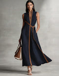 Elegant Sleeveless Maxi Dress with Brown Trim