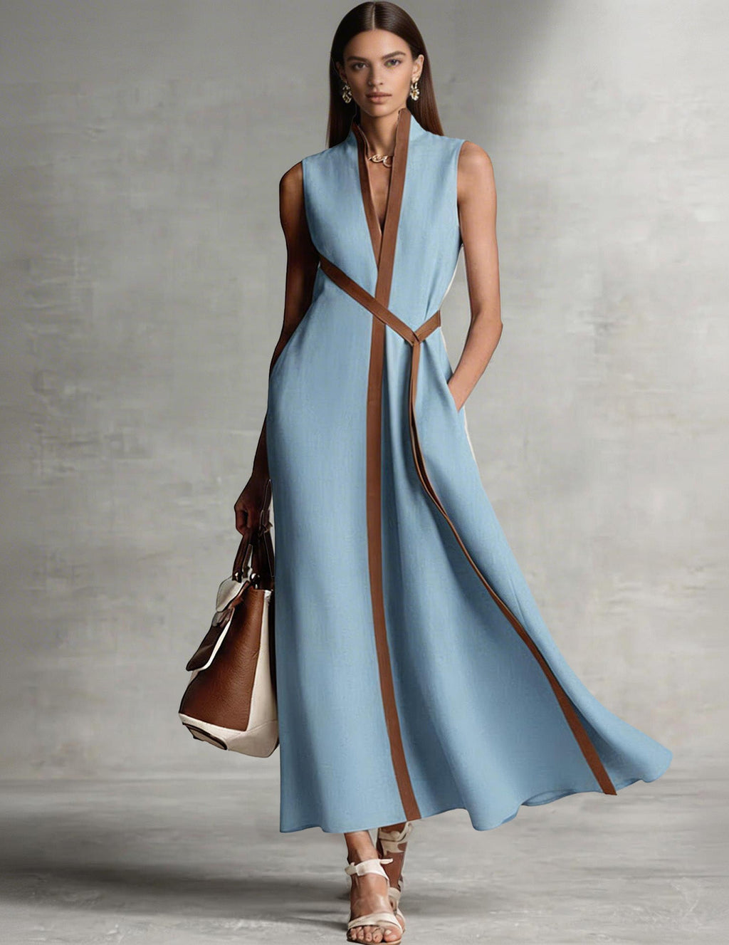 Elegant Sleeveless Maxi Dress with Brown Trim