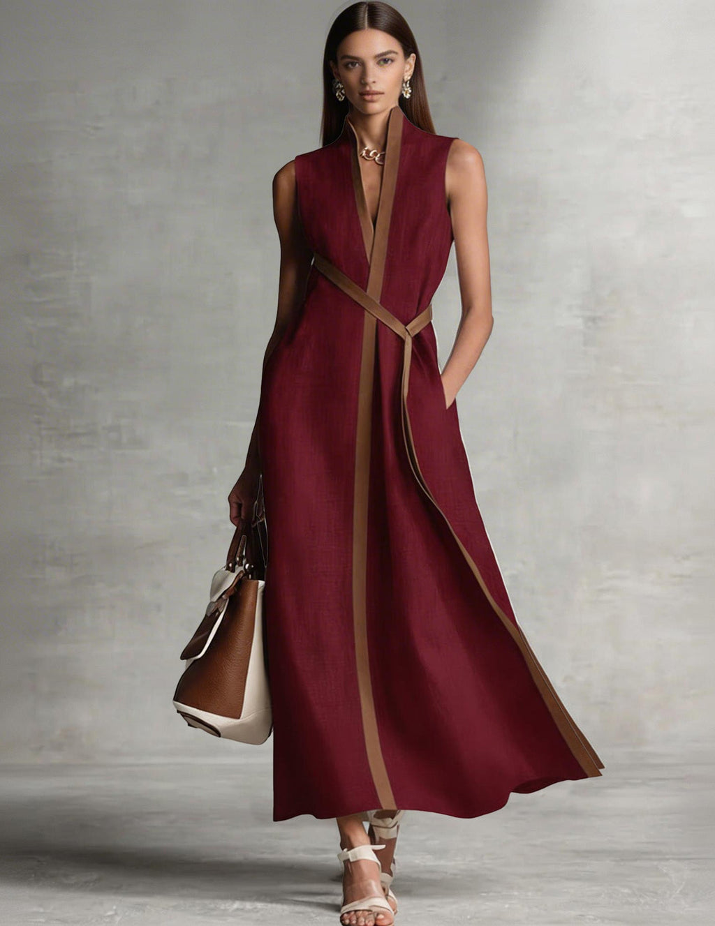 Elegant Sleeveless Maxi Dress with Brown Trim