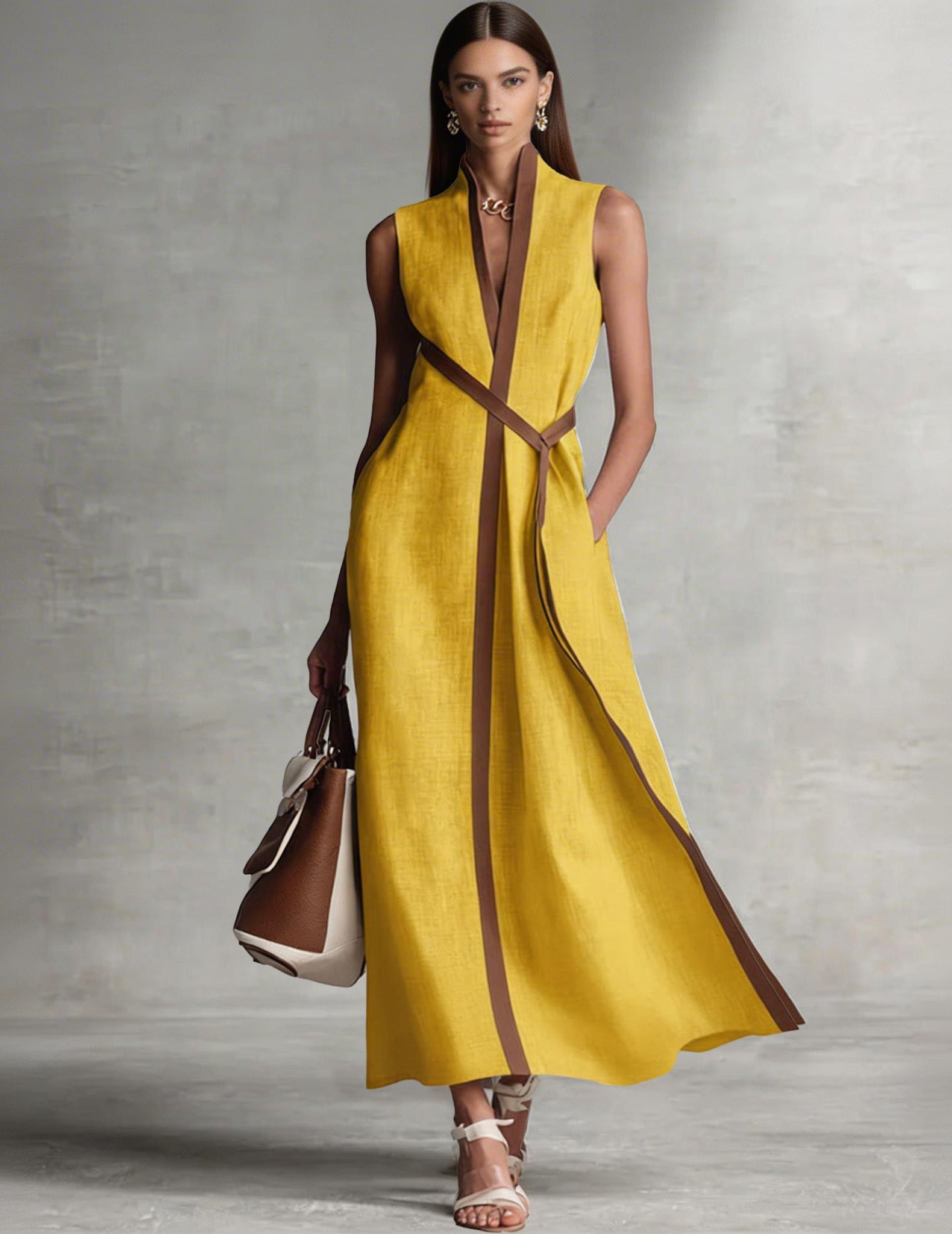 Elegant Sleeveless Maxi Dress with Brown Trim