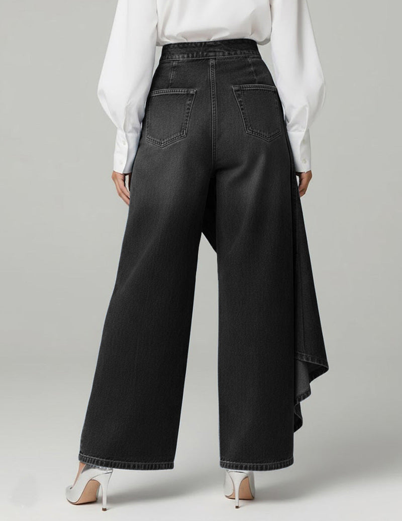 Asymmetric Button-Front Wrap Denim Wide-Leg Pants