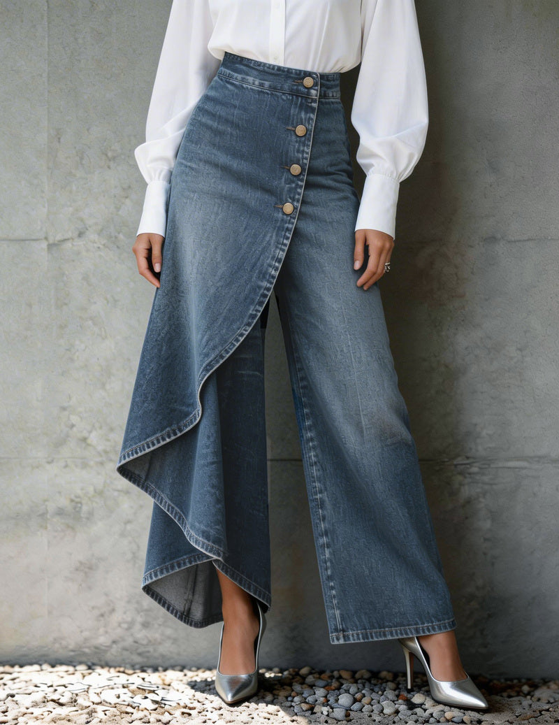 Asymmetric Button-Front Wrap Denim Wide-Leg Pants