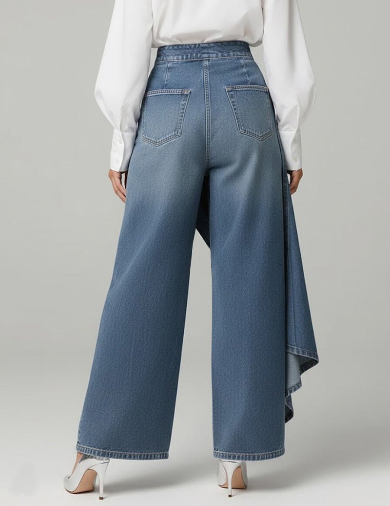 Asymmetric Button-Front Wrap Denim Wide-Leg Pants