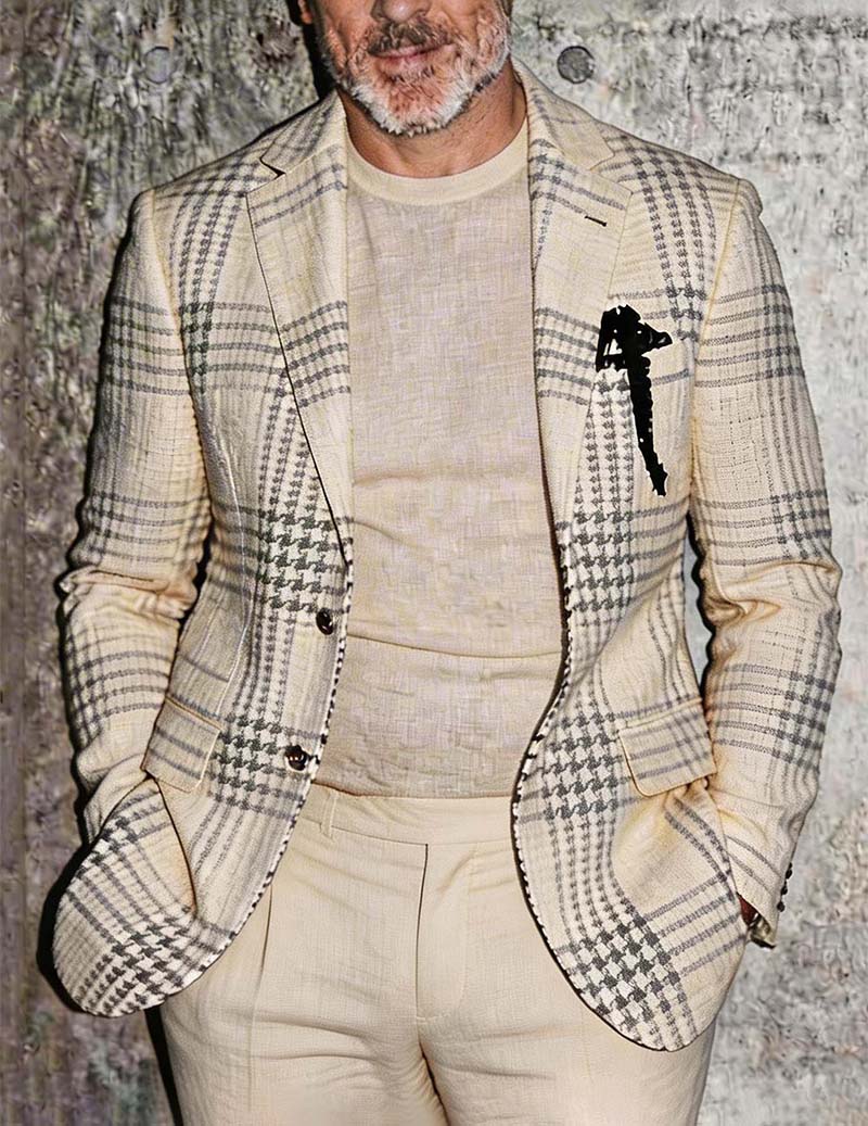 Men’s Cream Houndstooth Plaid Linen Blazer