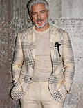 Men’s Cream Houndstooth Plaid Linen Blazer
