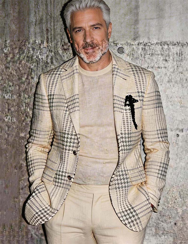 Men’s Cream Houndstooth Plaid Linen Blazer
