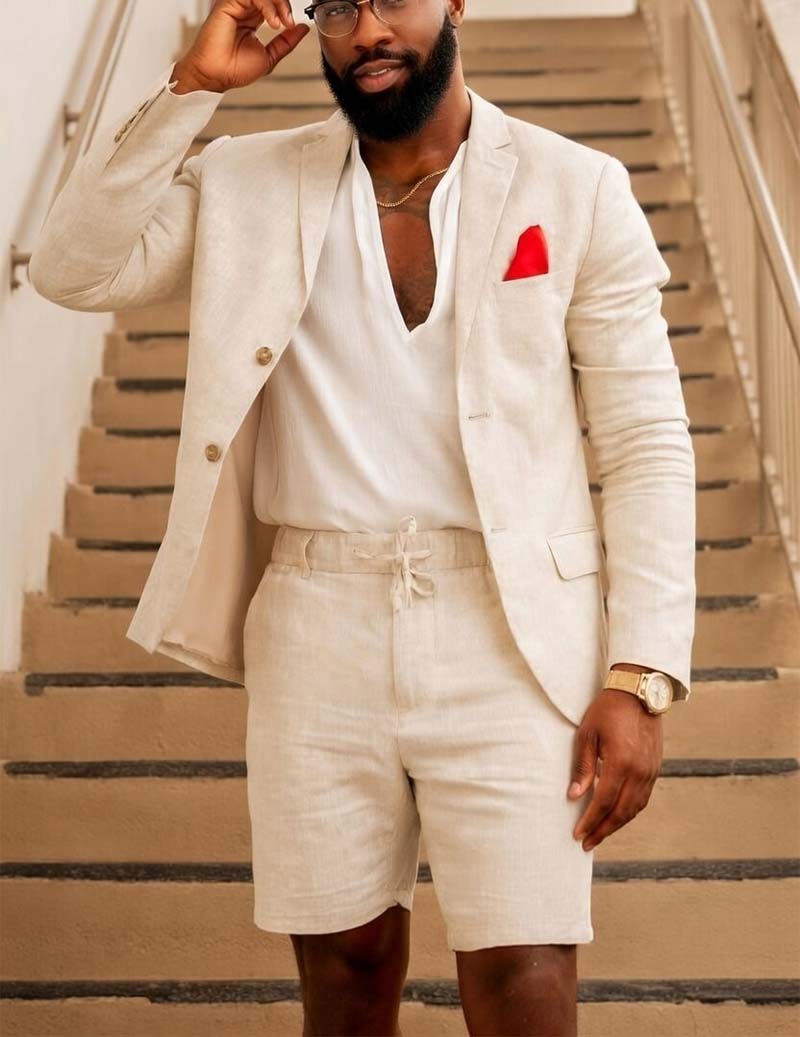 Men’s Cotton Linen Double-Breasted Blazer & Shorts Set