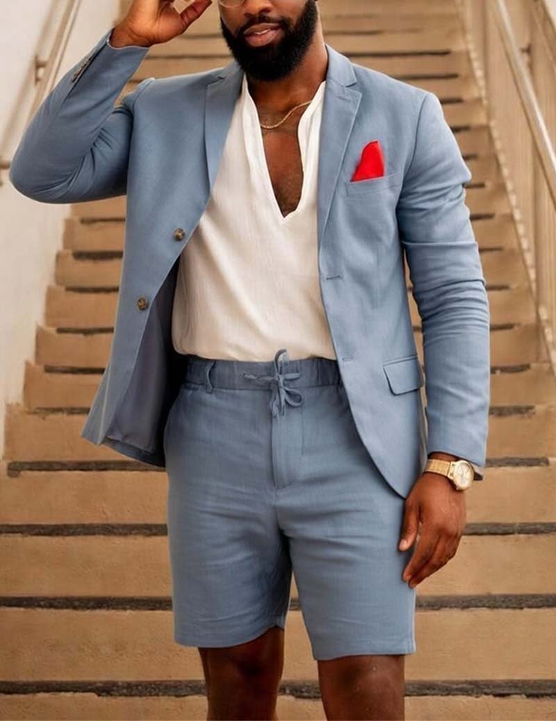 Men’s Cotton Linen Double-Breasted Blazer & Shorts Set
