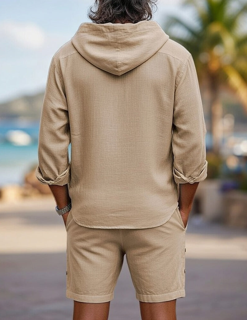 Men’s Linen Hooded Shirt + Button-Side Shorts Set