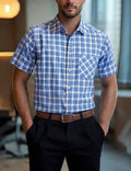 Men's Short-Sleeve Plaid Button-Down Shirt with Chest Pocket