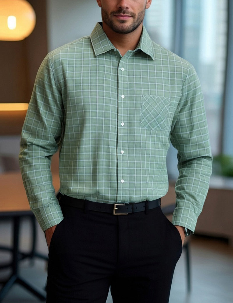 Men's Long-Sleeve Micro-Grid Check Shirt with Chest Pocket