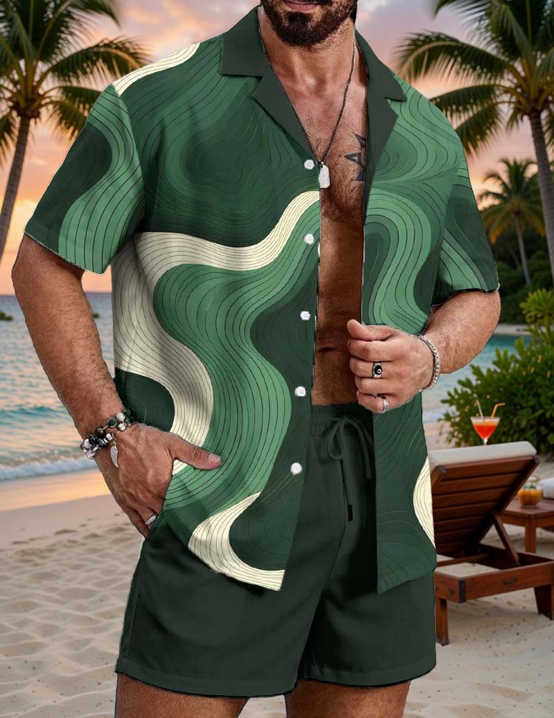 Men's Hawaiian Shirt and Shorts Set Abstract Wave Print Outfit