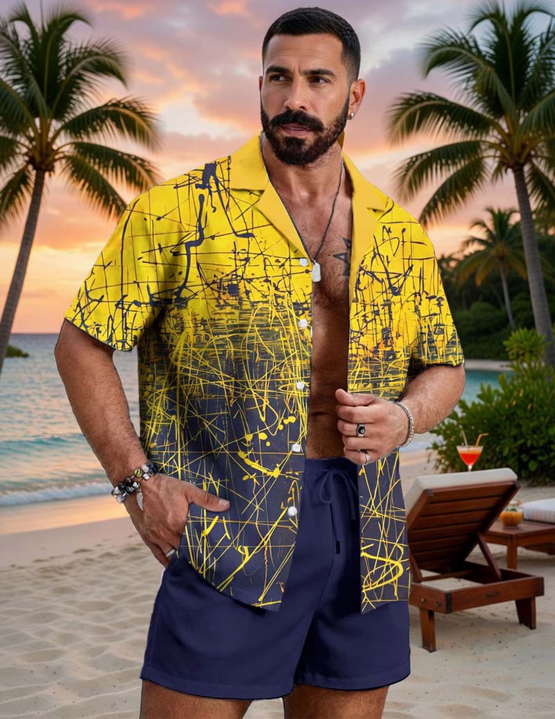 Men's Hawaiian Shirt and Shorts Set Abstract Wave Print Outfit