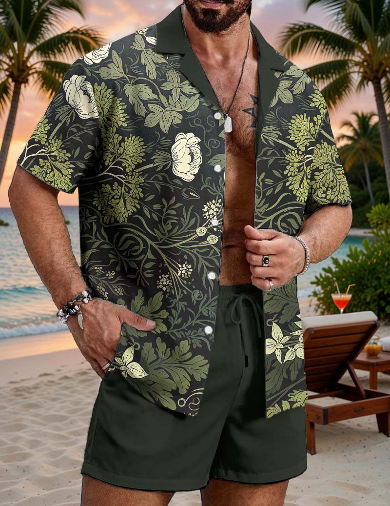 Men's Hawaiian Shirt and Shorts Set Vintage Floral Print Beach Outfit