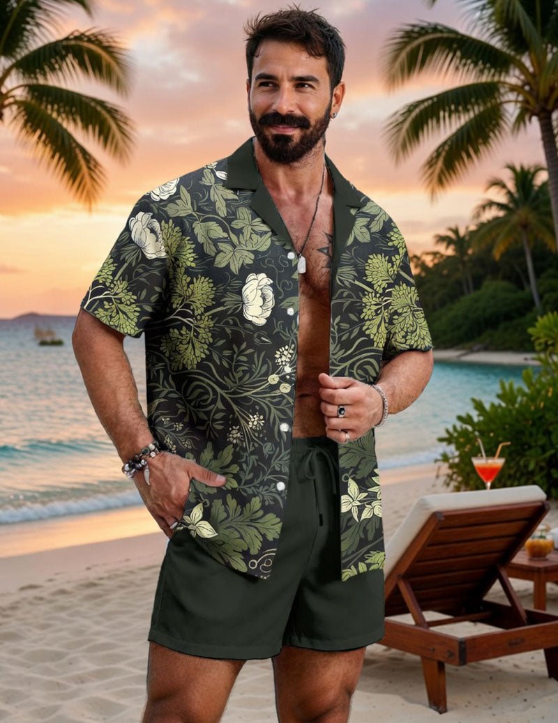 Men's Hawaiian Shirt and Shorts Set Vintage Floral Print Beach Outfit