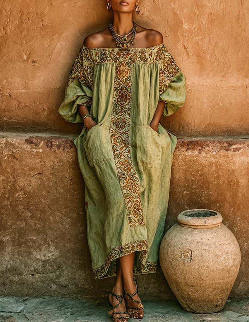 Linen Off Shoulder Dress Bohemian Embroidered Maxi Dress with Pockets