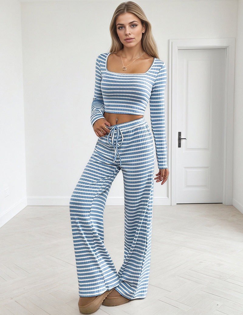 Striped Long Sleeve Top And Pants Lounge Knit Set